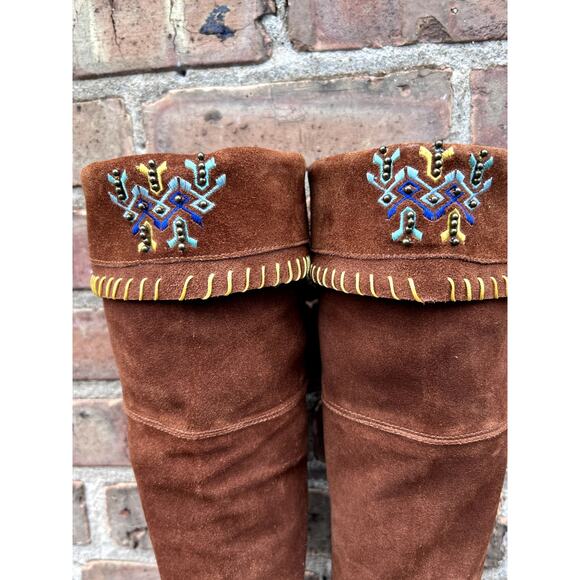 Southwestern Tall Moccasin Wedge Beaded Leather Festival Boots NWOT - Picture 6 of 8